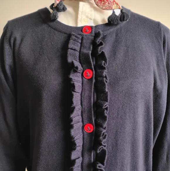 Talbots Cotton Cashmere Nautical Ruffle Cardigan Navy Blue Red Coastal Size 1X - Picture 2 of 14